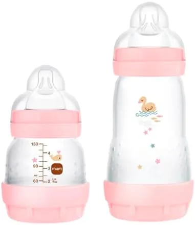 MAM Baby Kit 2 Mamadeiras Easy Start Starter Set Anticólica e Menos Bolhas de Ar, para Crianças 0+ Meses Autoesterilizável e com Bico de Silicone Skinsoft, Rosa