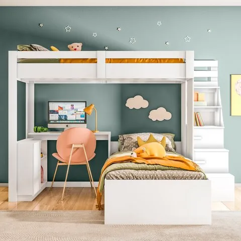 Beliche Office Infantil/Juvenil Moon com Escrivaninha em L e Escada 2 Portas e 2 Gavetas Yescasa