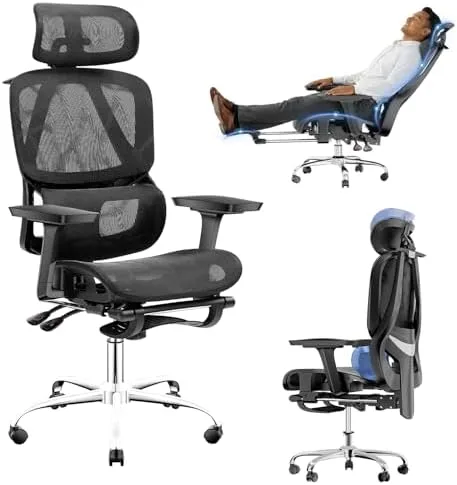Cadeira de Escritório Ergonômica com Apoio para os Pés, Encosto Reclinável 145°, Apoios de Braço 3D Ajustáveis, Apoio de Cabeça e Lombar Ajustáveis, Mesh Transpirável, Cadeira para Home Office