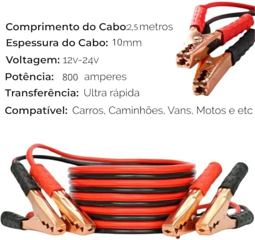 Cabo de Bateria 10mm Chupeta Automotivo 800 Amperes Cabo de 2,5 Metros Com Garras Em Aço Cobreado Fio com Bolsa de Transporte transferência de energia Carro Moto e Caminhão
