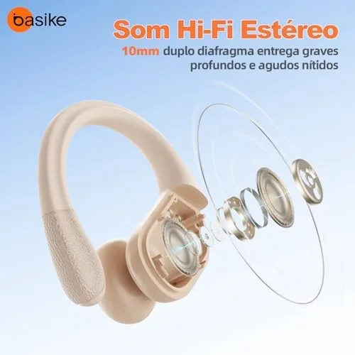 Basike Fone de Ouvido Bluetooth Esportivo TWS 6.0, Som Hi-Fi Estéreo, Intra-Auricular, IPX5 à Prova d’Água, 3 Tamanhos de Pontas para Atividades ao Ar Livre – Bege Claro