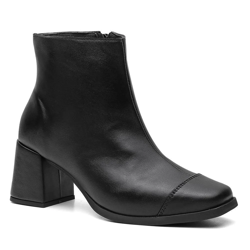 Bota Feminina Couro Cano Curto Salto Grosso Fechamento Zíper Preto