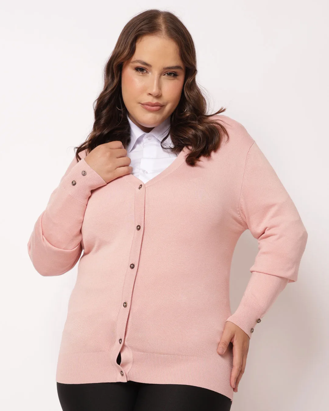 Cardigan Plus Size Feminino Decote V Rosa