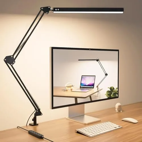 Luminária de Mesa LED com Braço Flexível 360° e Prendedor, Luz para Leitura com 3 Modos de Cor e 10 Níveis de Brilho Ajustável, Abajur com Função Memória para Escritório e Estudo