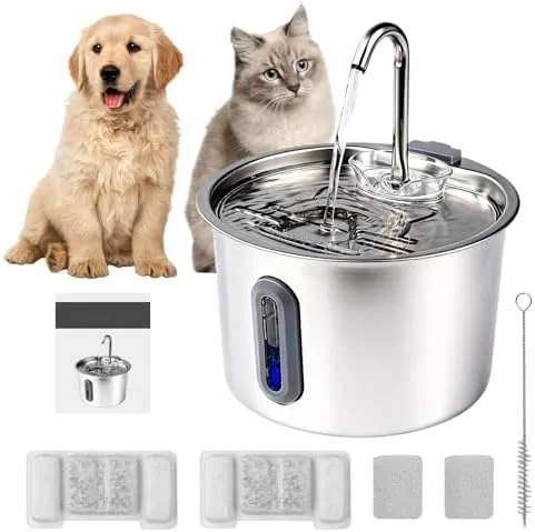Fonte de Água pra Gato, Bebedouro para Gatos Silenciosa Inox Carvão Ativado LED Indicador Fonte De Água para Cães e Gatos (2,2L, Janela de Visualização Longa)