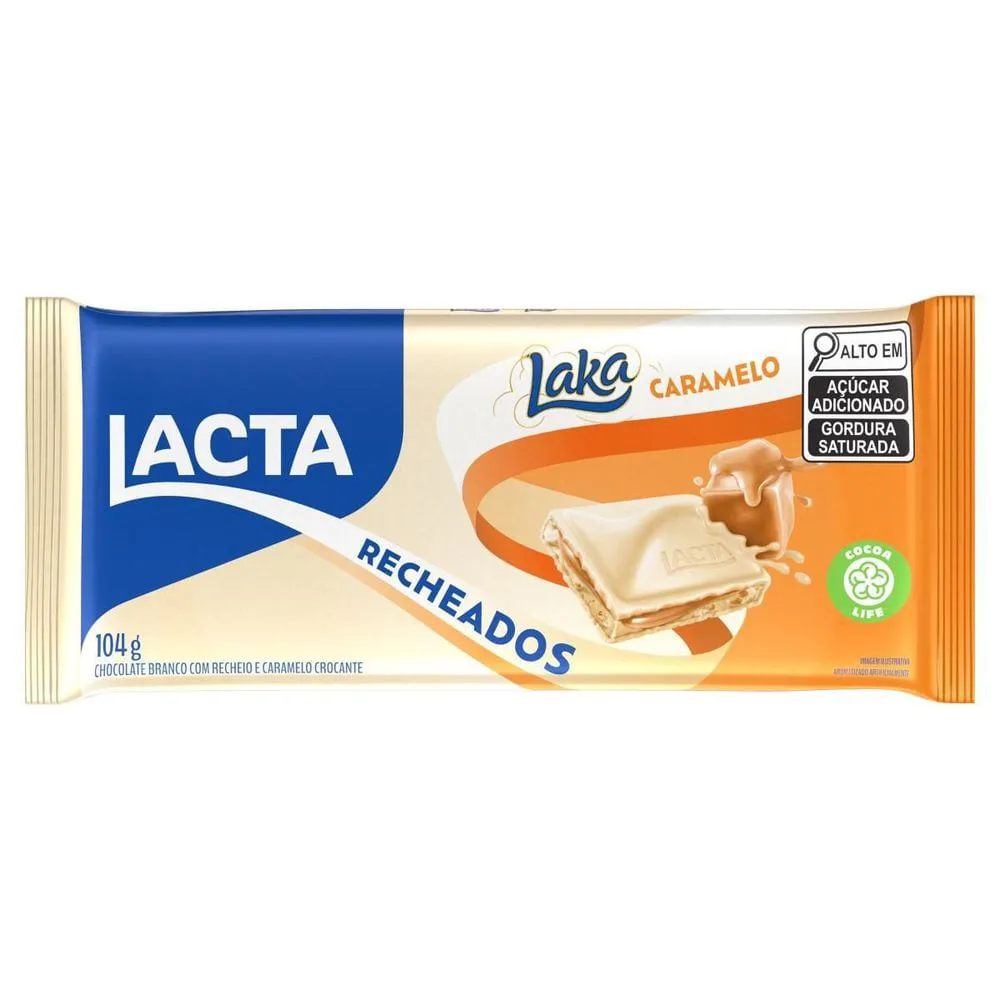 Chocolate Branco Recheado Lacta Laka Caramelo Salgado e Baunilha 104g Crocante Barra de Chocolate Branco Recheio Caramelo Lacta Laka Recheados 104g