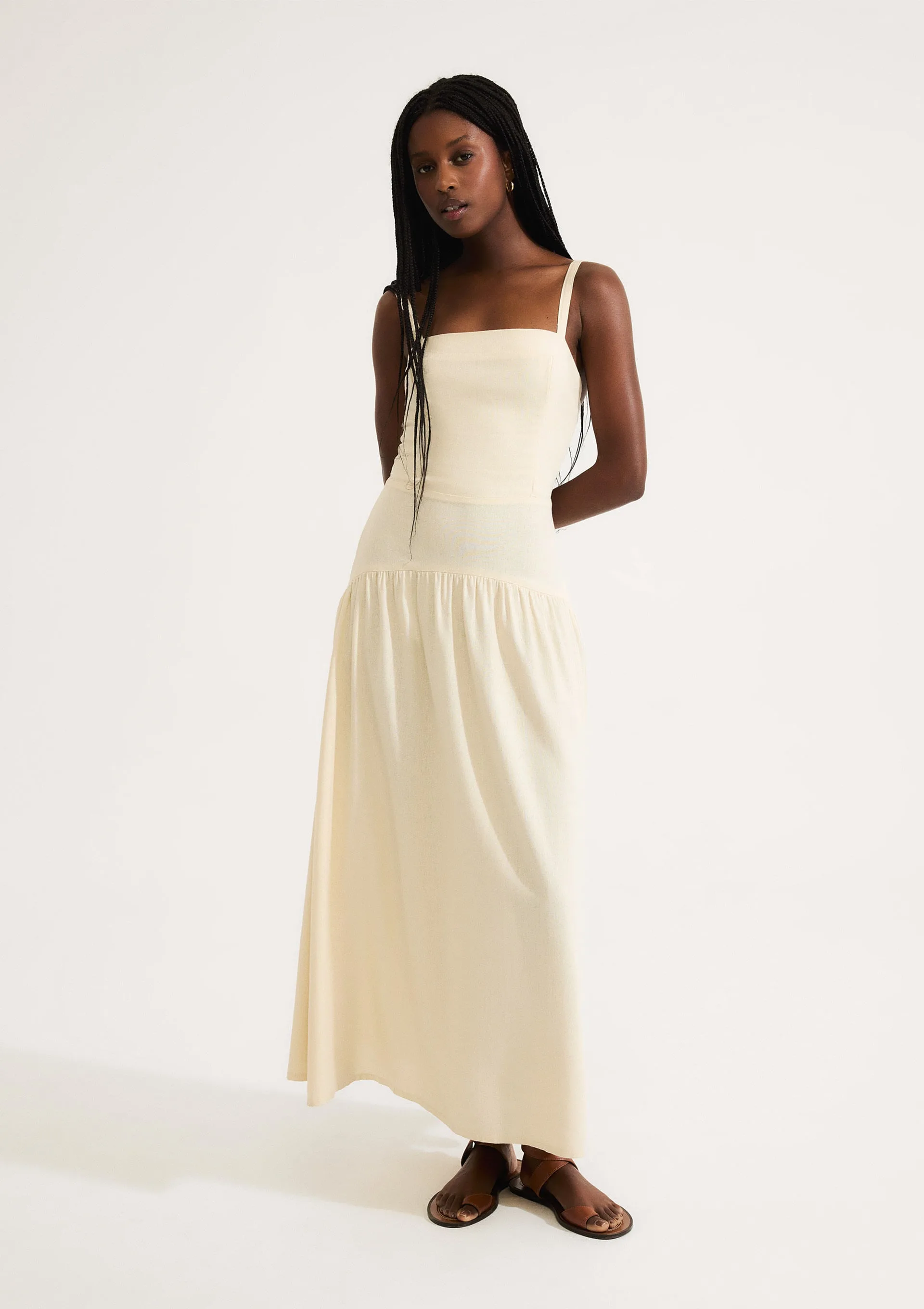 Vestido Midi Franzido Em Linho - Creme