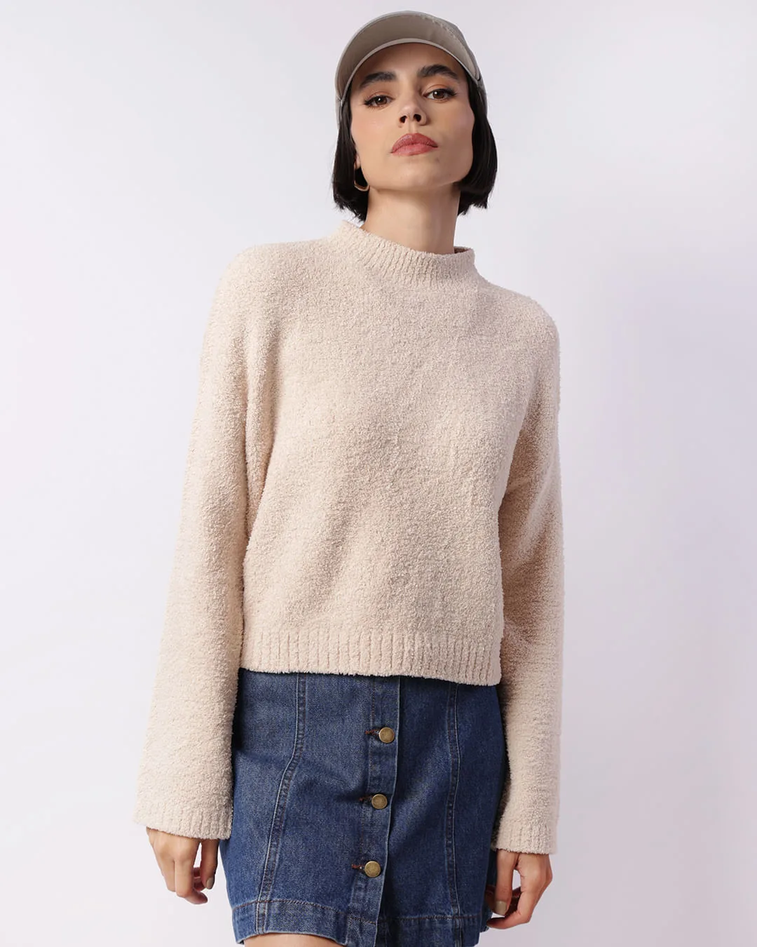Suéter Feminino Tricô Chenille Manga Longa Bege