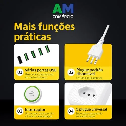 Filtro de Linha Premium 2500W com DPS (Proteção Contra Surtos), 5 Tomadas + 6 USB (4 USB + 2 USB-C), Bivolt Automático 110–220V, Chave Liga/Desliga, Proteção Sobrecarga, Cabo 1,9m - Branco