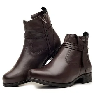Bota Feminina Coturno em Couro Legítimo Cano Curto com Ziper Confortável Direto da Fábrica
