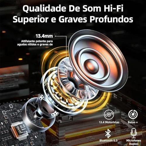Fones de ouvido Bluetooth 5.3 sem fio, bateria com duração de 40 horas, carregamento USB-C, classificação de resistência à água IPX6, microfone embutido, compatíveis com Android e iOS