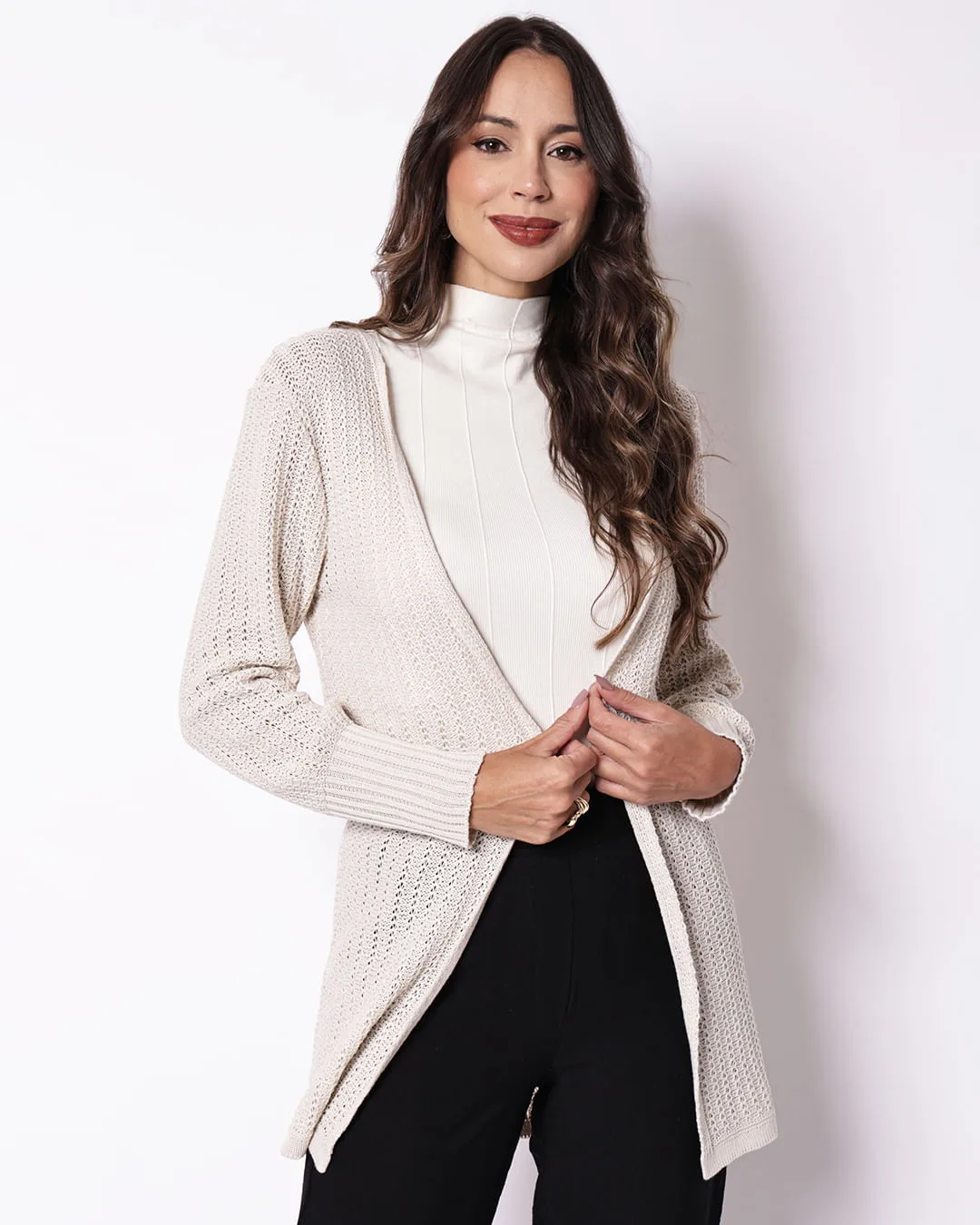 Cardigan Feminino Donatta Tricô Alongado Bege