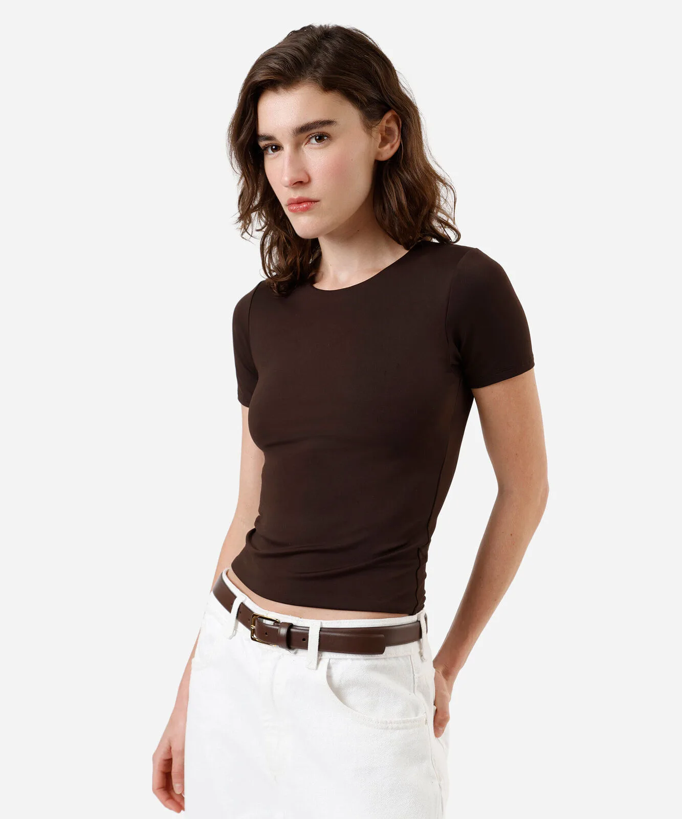 blusa feminina de poliamida manga curta marrom
