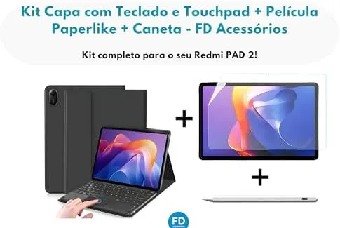 Capa com Teclado para Redmi Pad 2 com Mouse Touchpad e Compartimento para Caneta + Película Paperlike para Redmi Pad 2 + Caneta Precision - FD Acessórios. (Kit Capa + Pelicula + Caneta)