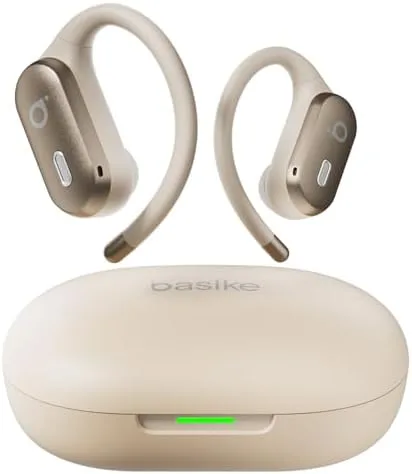Basike Fone de Ouvido Bluetooth 5.4 Open-Ear, TWS Som Estéreo Hi-Fi, ANC e Modo Transparência, Suporta Chamadas de Voz, Toque Inteligente, Compatível com Android e iOS – Bege Claro