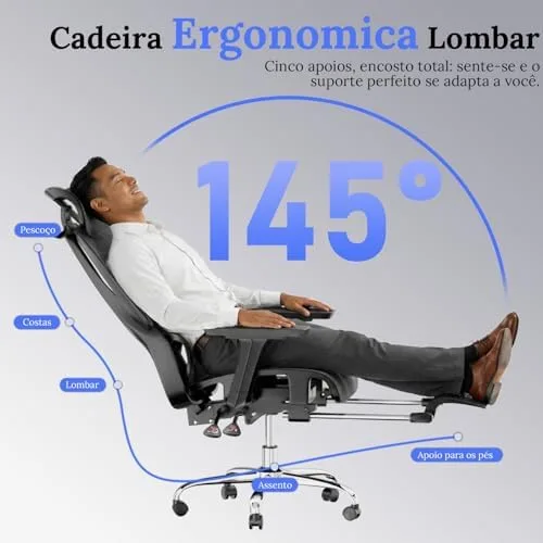Cadeira de Escritório Ergonômica com Apoio para os Pés, Encosto Reclinável 145°, Apoios de Braço 3D Ajustáveis, Apoio de Cabeça e Lombar Ajustáveis, Mesh Transpirável, Cadeira para Home Office
