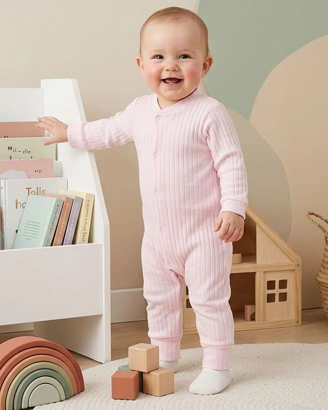 Macacão Bebê Algodão Canelado Rosa Claro