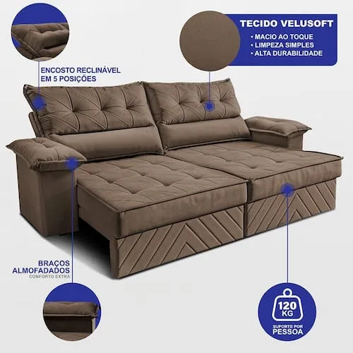 Sofá Retrátil e Reclinável 2,10m com Molas e Espuma D33 Thunder. Velusoft Cama inBox - Palha