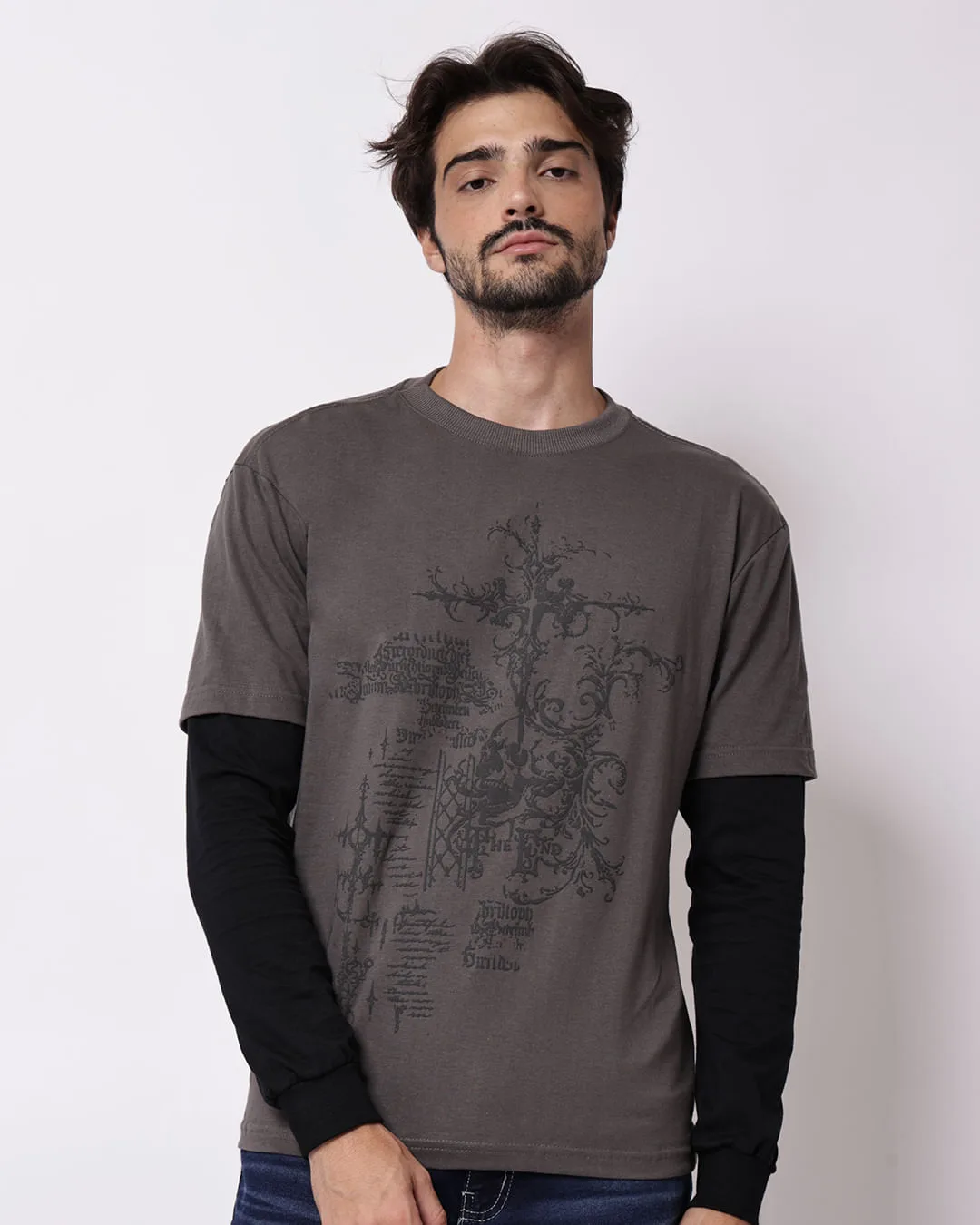 Camiseta Masculina Algodão Manga Longa Texturizada Cinza