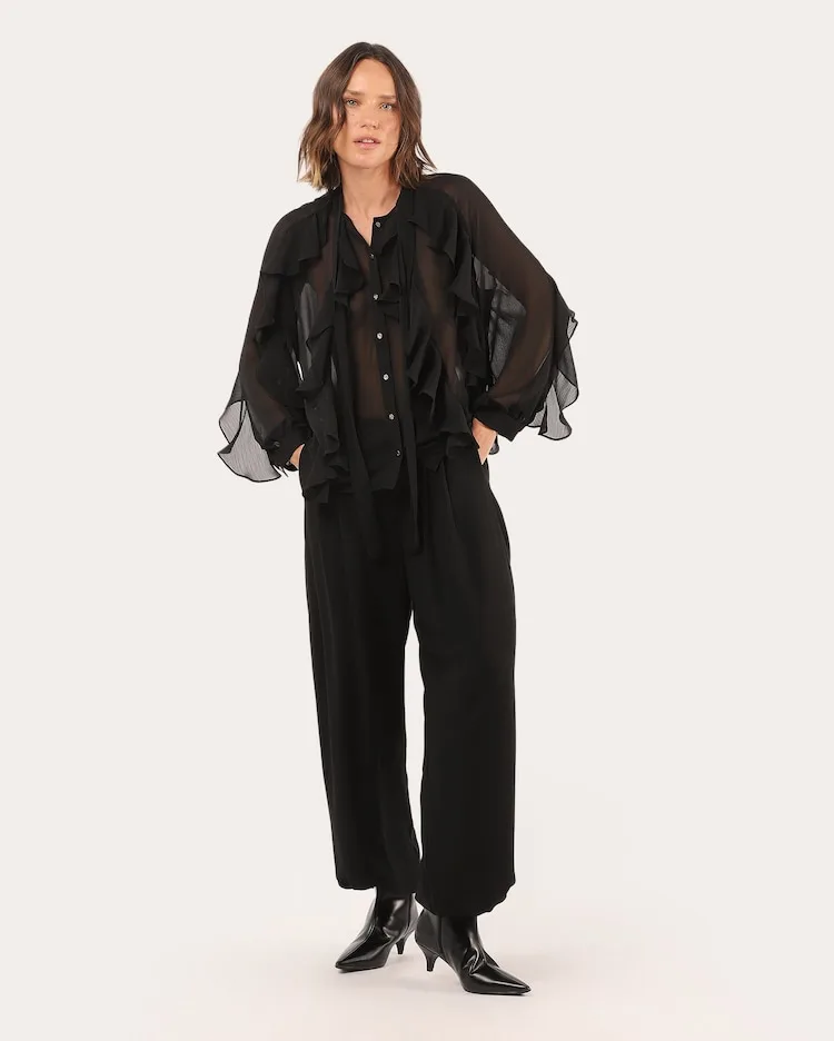 Camisa feminina em tule com babados - Preto