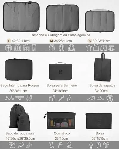 KIT 10 Necessaire Feminina Organizador de Malas para Viagem: Kit Completo de Organização - Inclui Bolsa Organizadora -Organizadores de Bagagem para Viagem-VANOVA (PRETO)