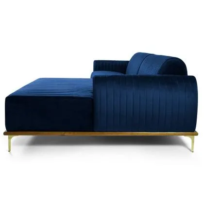 Sofá 350cm 6 Lugares com Chaise Direito Pés Gold Molino B-304 Veludo Azul Marinho - Domi