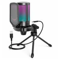 Microfone Gamer Fifine A6V Ampligame RGB, USB Condensador, com Suporte Tripé, PC PS4 PS5, Preto - A6V