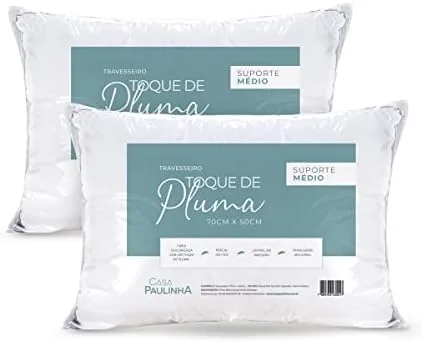 Kit 02 Travesseiros Toque de Pluma Pena Percal 180 Fios 50x70cm Lavável, Antiácaro, Antialérgico