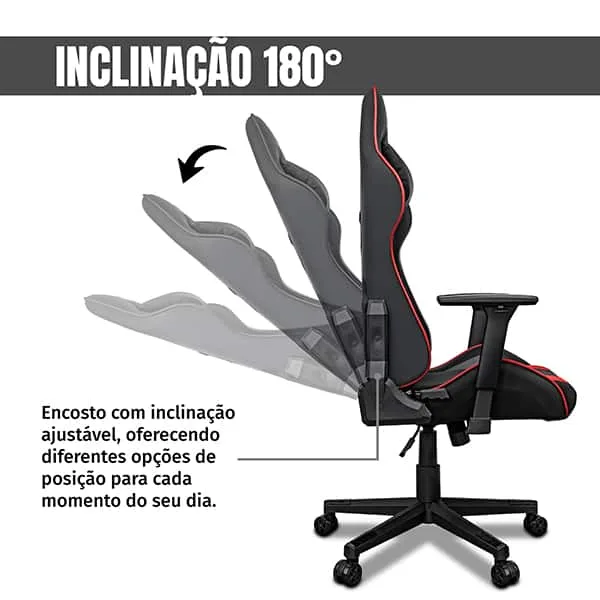 Cadeira Gamer UP X153DB com Braço 3D, Encosto Inclinável 180, Almofadas de Pescoço e lombar e Assento Ajustável - Preta e Vermelha - CX 1 UN