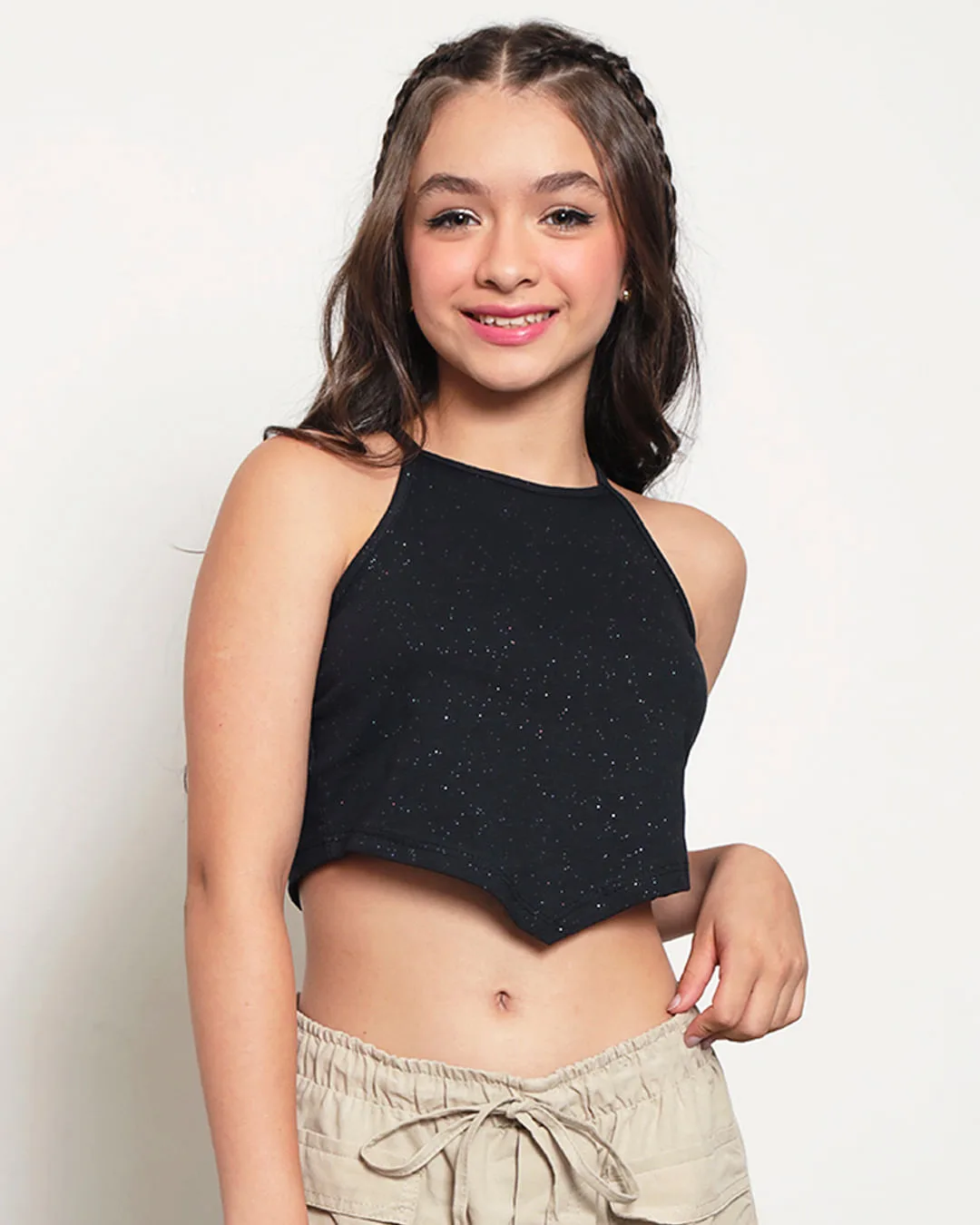 Regata Juvenil Cropped Com Glitter Preta