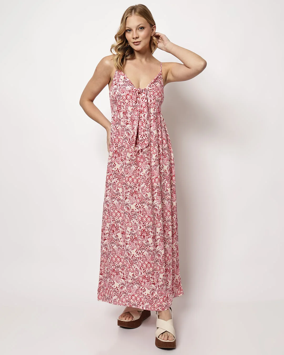 Vestido Longo Feminino Viscose Berry & Co Estampado Vermelho