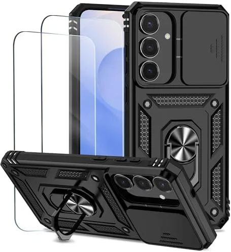 Capa para Samsung Galaxy S25 FE Capinha | com 2 peças de protetor de tela temperado com janela deslizante da câmera e suporte para telefone incluídos - Preto
