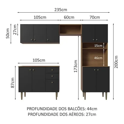 Armário de Cozinha Compacta 235cm Rustic/Preto Gourmet Madesa 01 - Marrom