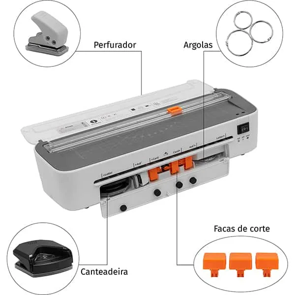 Plastificadora 5 em 1 A4, M20, 110V, com Refilador, Canteadeira, Furador e Kit Argolas de Encadernação, App-Tech - CX 1 UN
