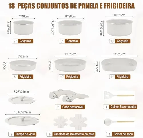 Jogo de Panelas 18 Peças, Conjunto de panelas antiaderentes Punho destacável, Conjuntos de panelas de cozinha de indução antiaderente com alça removível