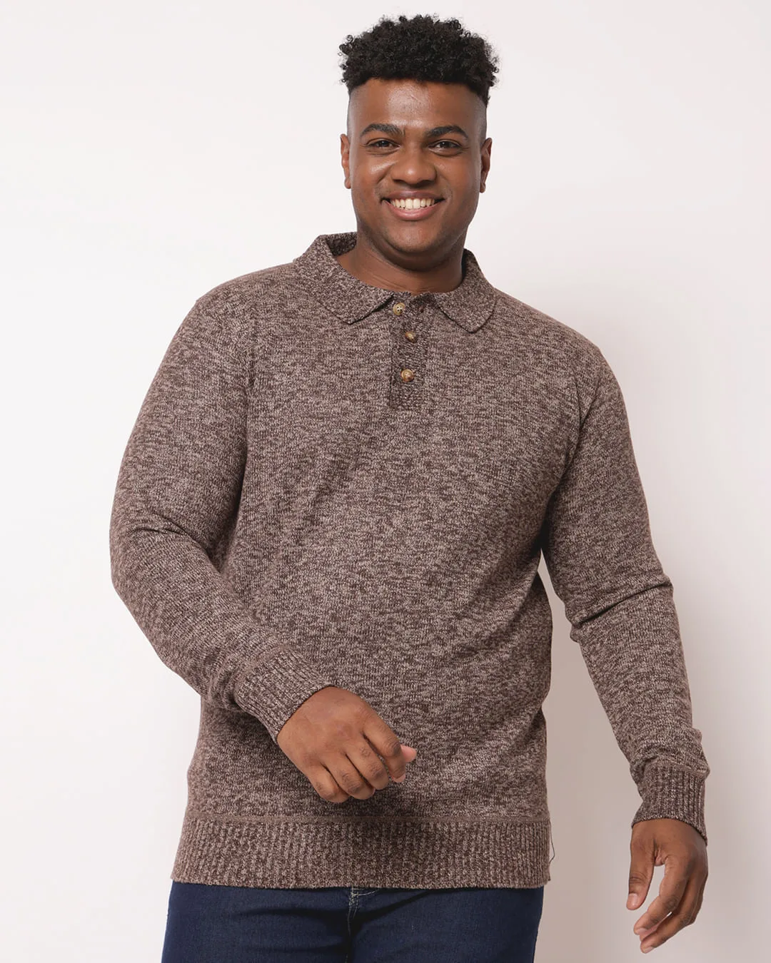 Suéter Plus Size Masculino Tricô Gola Polo Marrom