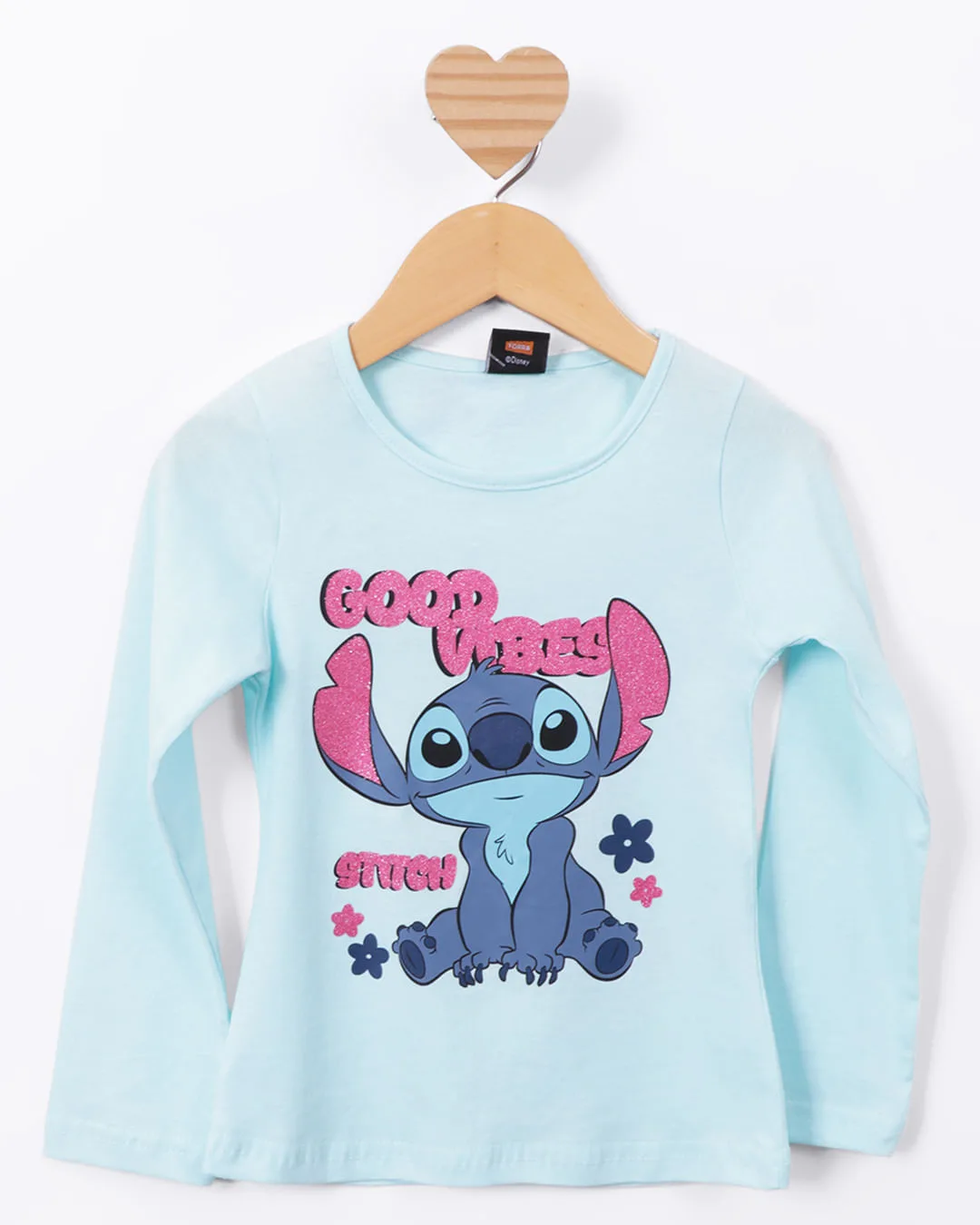 Blusa Bebê Manga Longa Algodão Estampa Disney Stitch Azul