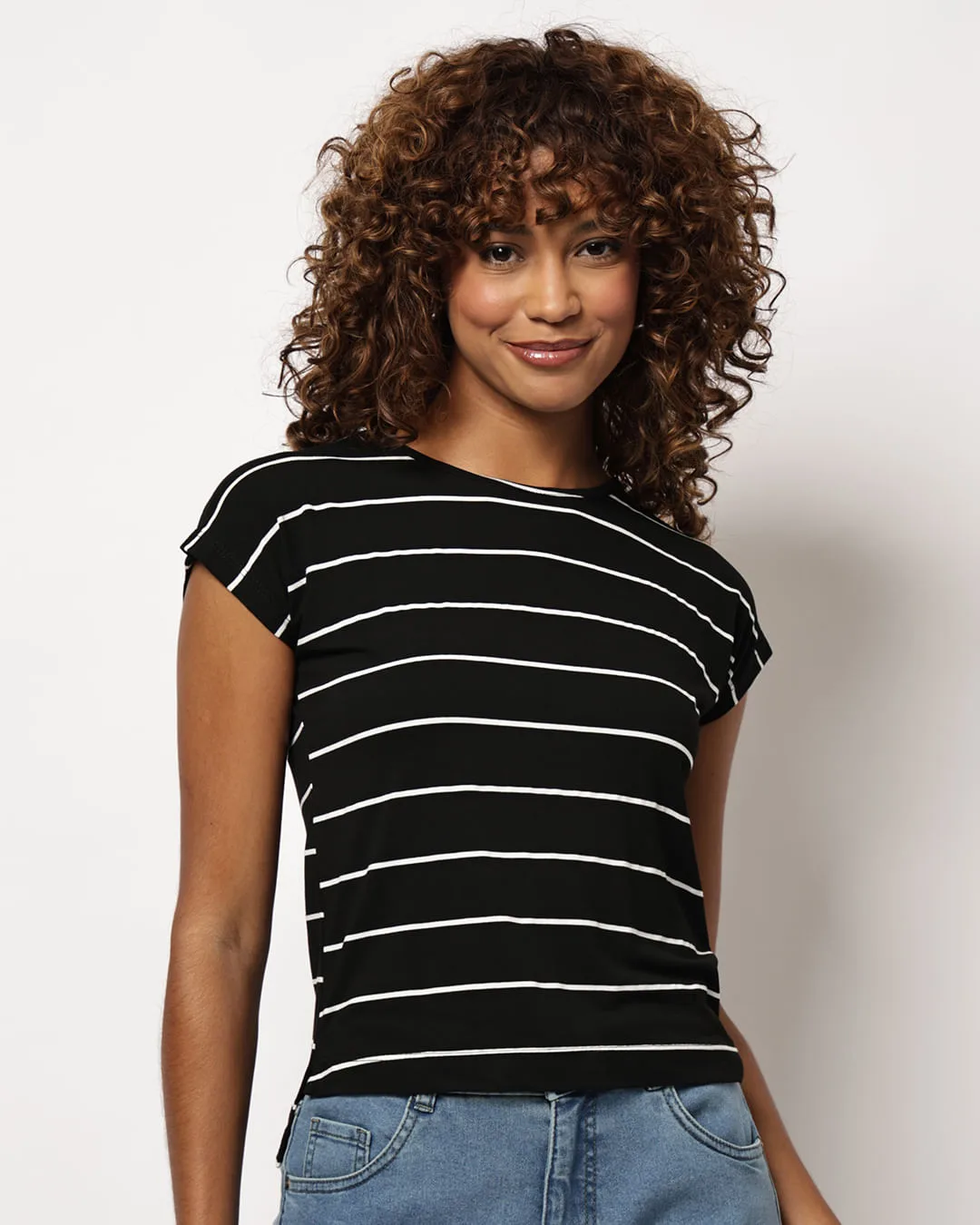Blusa Feminina Donatta Manga Curta Listrada Preta