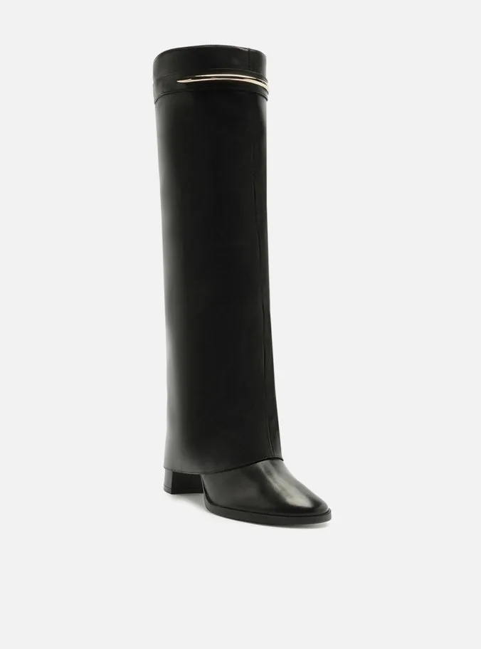 Bota Preta Couro Cano Alto Salto Bloco