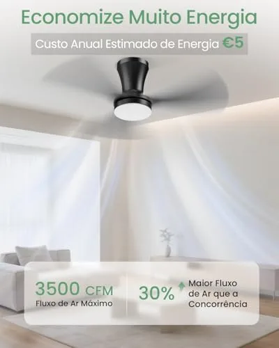 Ventilador de Teto Preto de Três Pás de 91 cm com Luz LED, Motor DC Silencioso, Controle Remoto, 6 Velocidades, 100-240V, Função Reversível e Instalação Flush Mount
