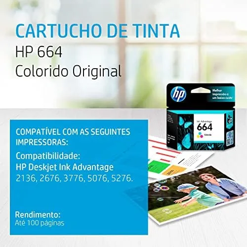 Cartucho de Tinta HP 664 Colorido Original (F6V28AB) Para Impressora Deskjet 2136, 2676, 3776, 5076, 5276