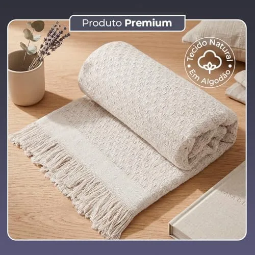 Decolab Manta para Sofá em Algodão com Franjas Artesanais | Cobertor Decorativo para Sofa, Poltrona e Cama | Estilo Boho Chic (Branca-Cru)