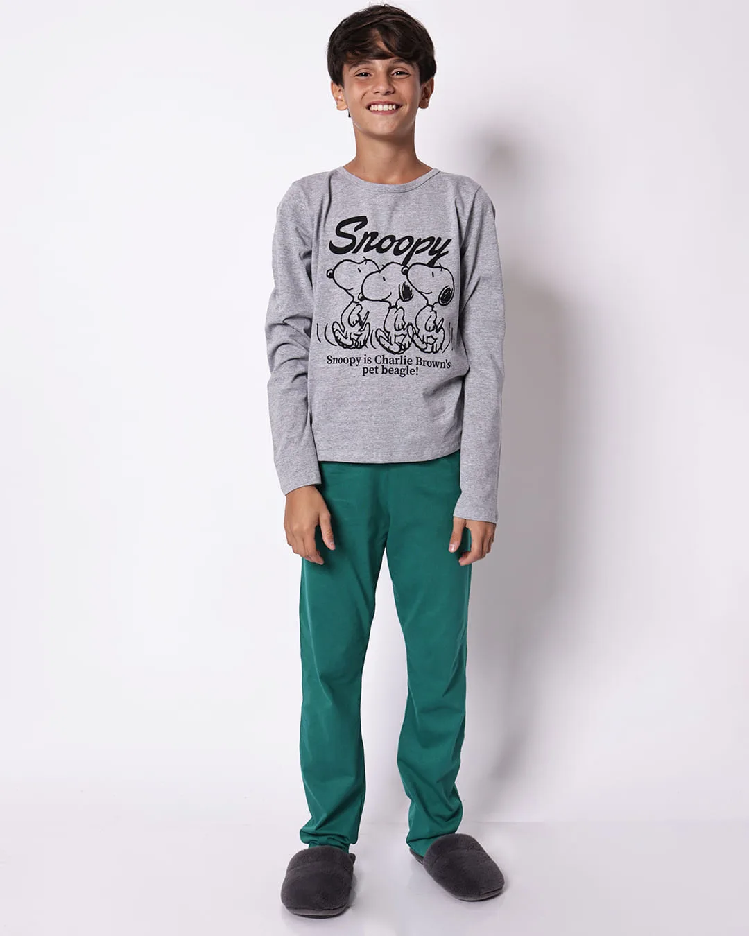 Pijama Juvenil Longo Snoopy Manga Longa Cinza