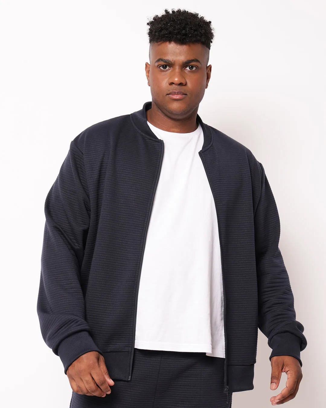 Jaqueta Moletom Plus Size Masculina Canelada com Bolsos Marinho