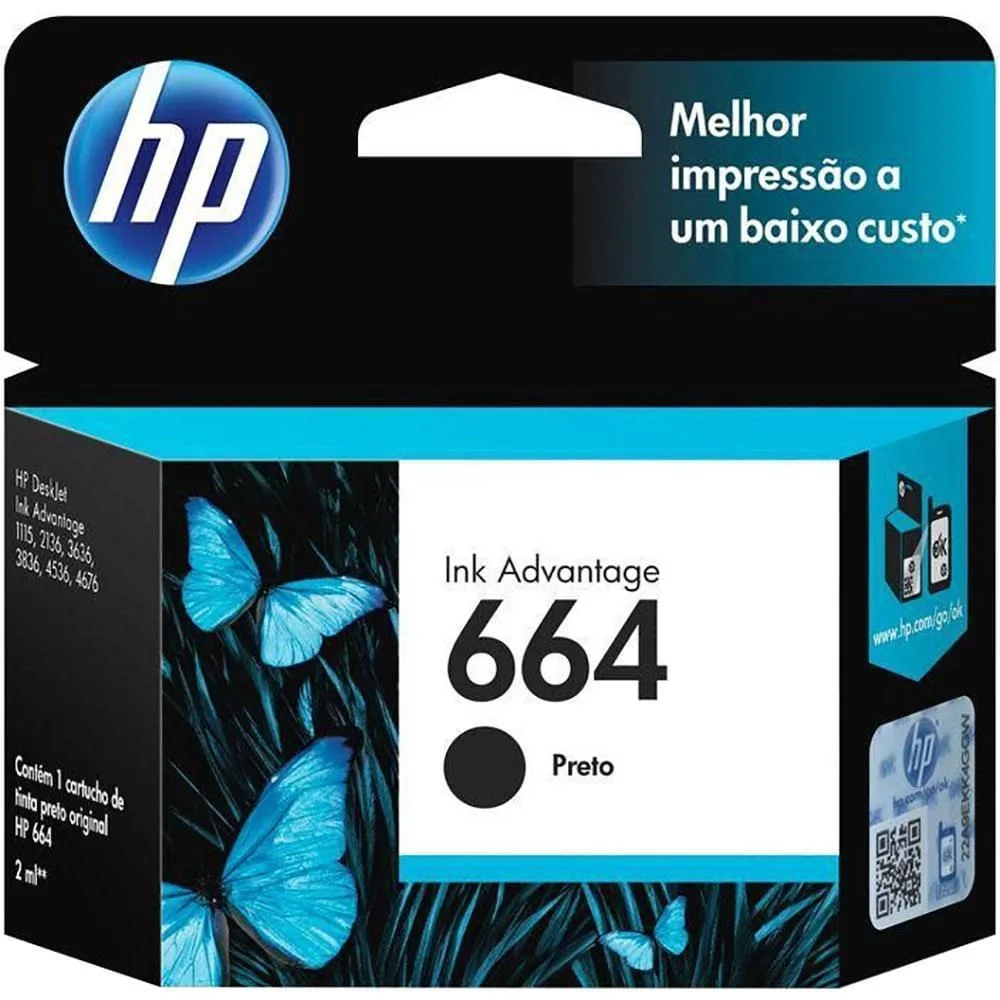 Cartucho HP 664 Preto Original F6V29AB para HP Deskjet 2136/2676/3776/5076/5276