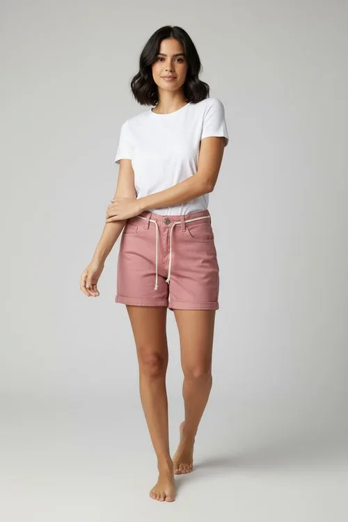 Shorts Feminino Rosa com Cordão e Barra Dobrada