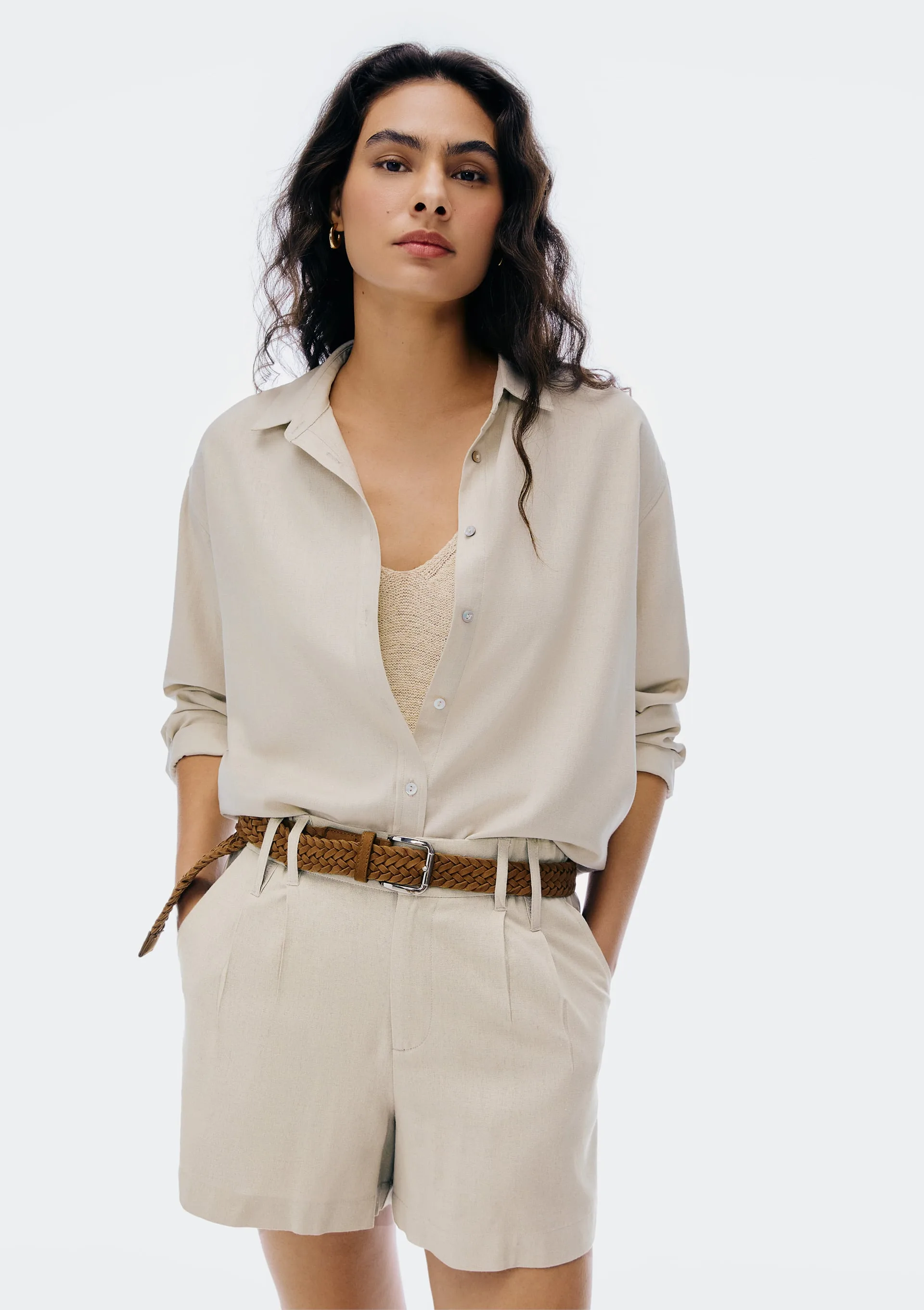 Camisa Feminina Manga Longa Oversized Em Linho - Creme
