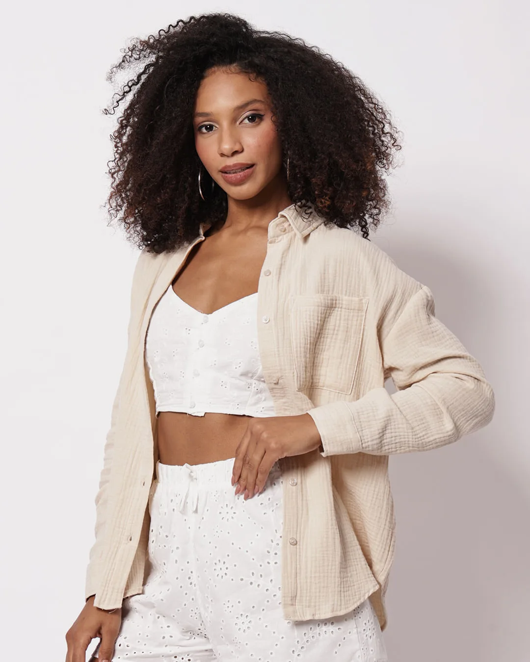 Camisa Feminina Algodão Texturizado Berry & Co Bege
