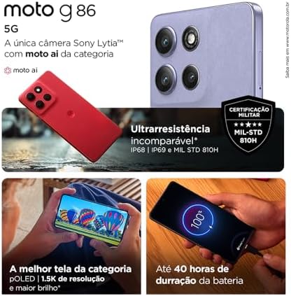 Smartphone Motorola Moto g86 5G - 256GB 24GB (8GB RAM+16GB Ram Boost) Tela 1.5K pOLED, 50MP Sony camera OIS Moto AI, videos em 4K, IP68 + IP69 - Grafite