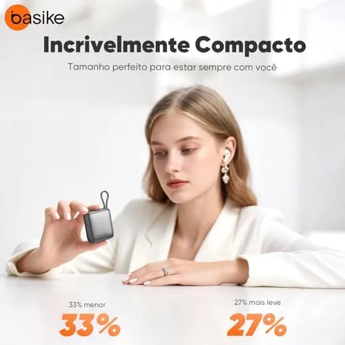 Basike Carregador Portátil 10000mAh, Mini Power Bank com Cabos Integrados, Carregamento Rápido 22.5W(MAX), Pequeno, Led Indicador de Bateria para iPhone/Samsung/Huawei/Xiaomi, etc (Cinza)